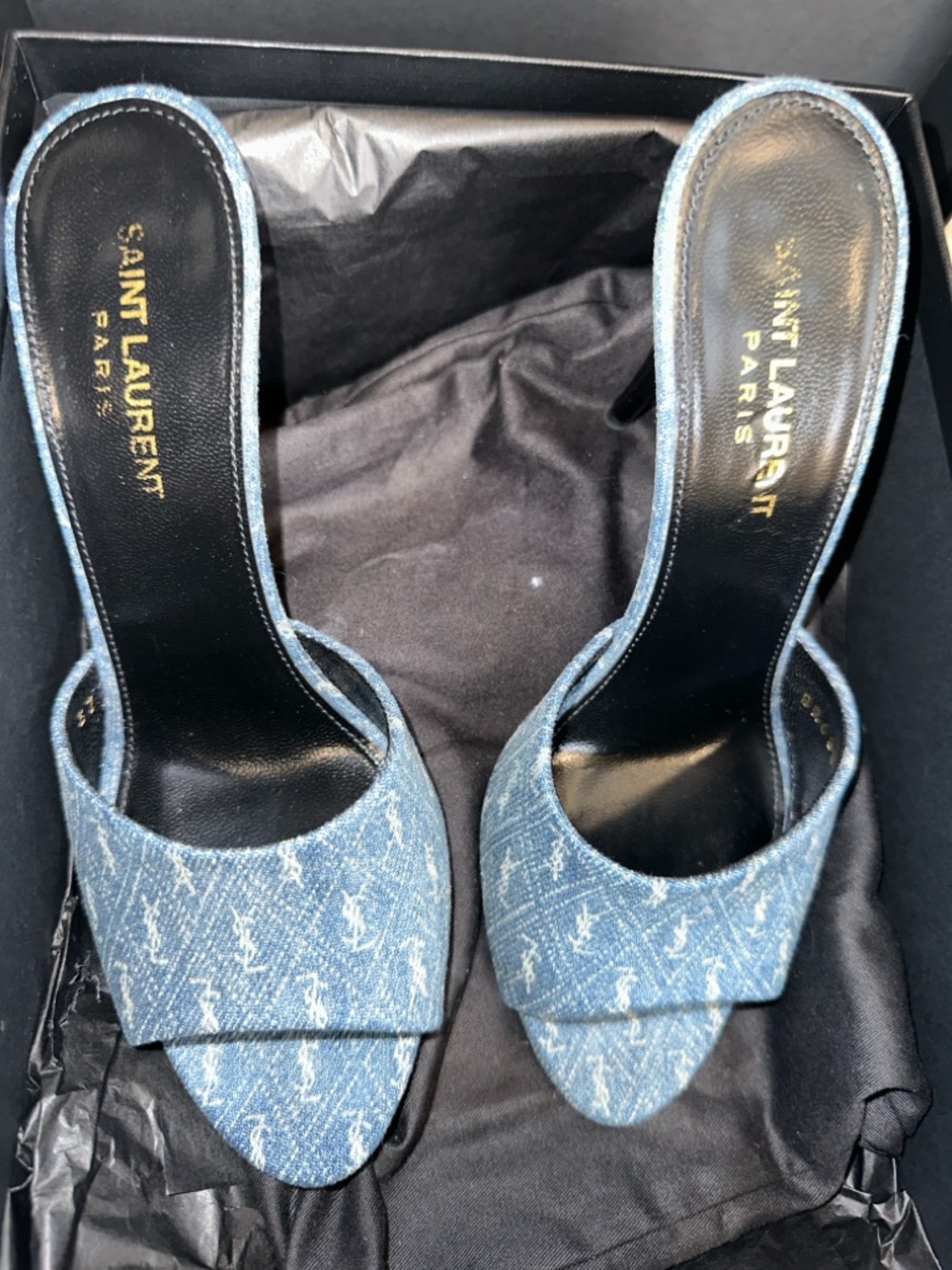 Saint Laurent Blue Denim Monogram Slide Mules - Picture 3 of 11